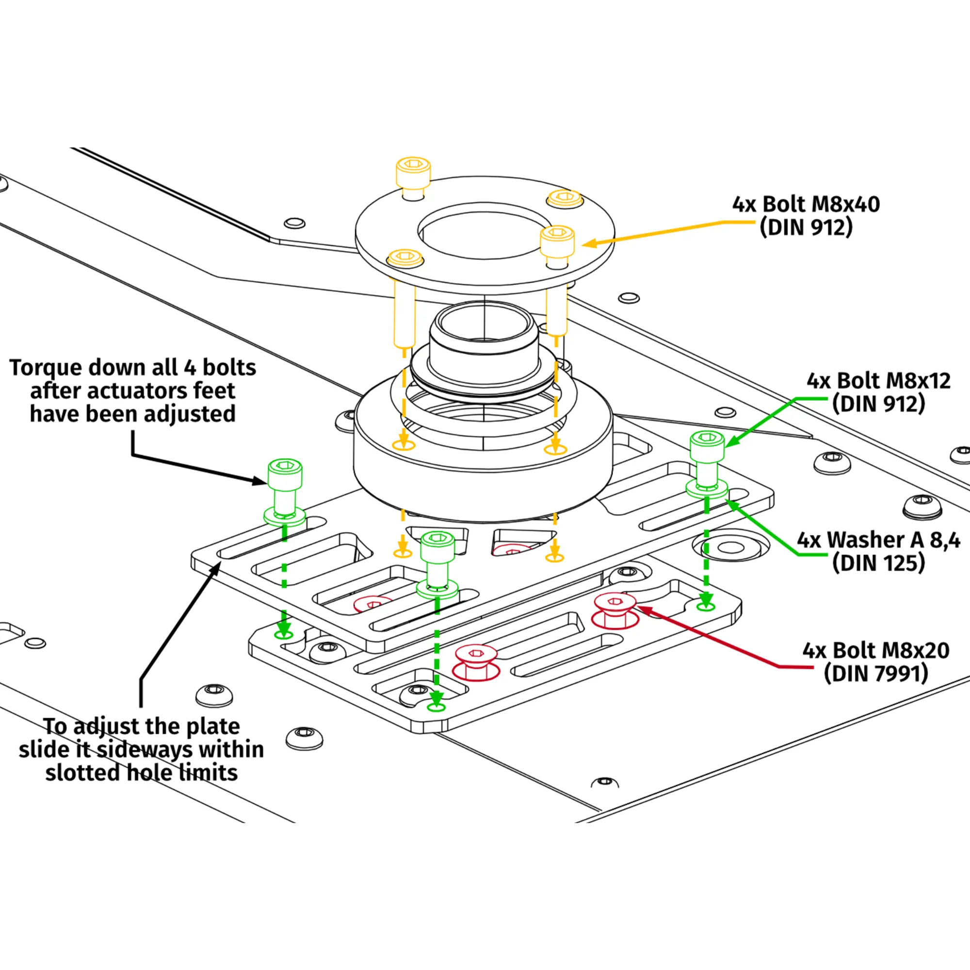 Qubic System QS-CH2 assembly diagram with bolt and washer specifications for 2DOF motion platform installation.