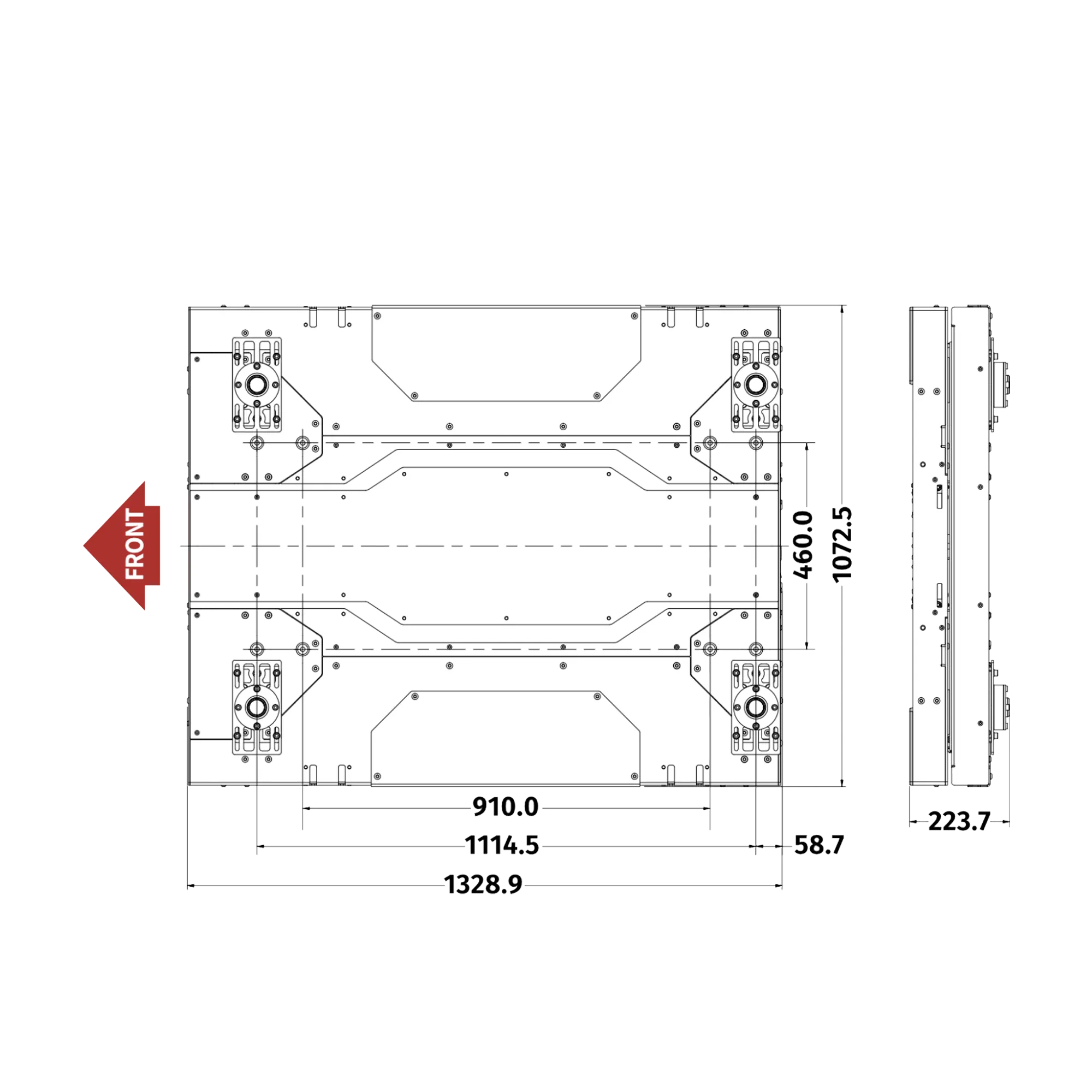 Technical diagram of the Qubic System QS-CH2, a 2DOF motion platform for realistic vehicle simulation with surge and yaw motion capabilities.