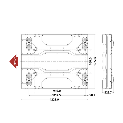 Technical diagram of the Qubic System QS-CH2, a 2DOF motion platform for realistic vehicle simulation with surge and yaw motion capabilities.