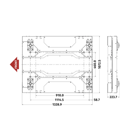 Technical diagram of the Qubic System QS-CH2, a 2DOF motion platform for realistic vehicle simulation with surge and yaw motion capabilities.