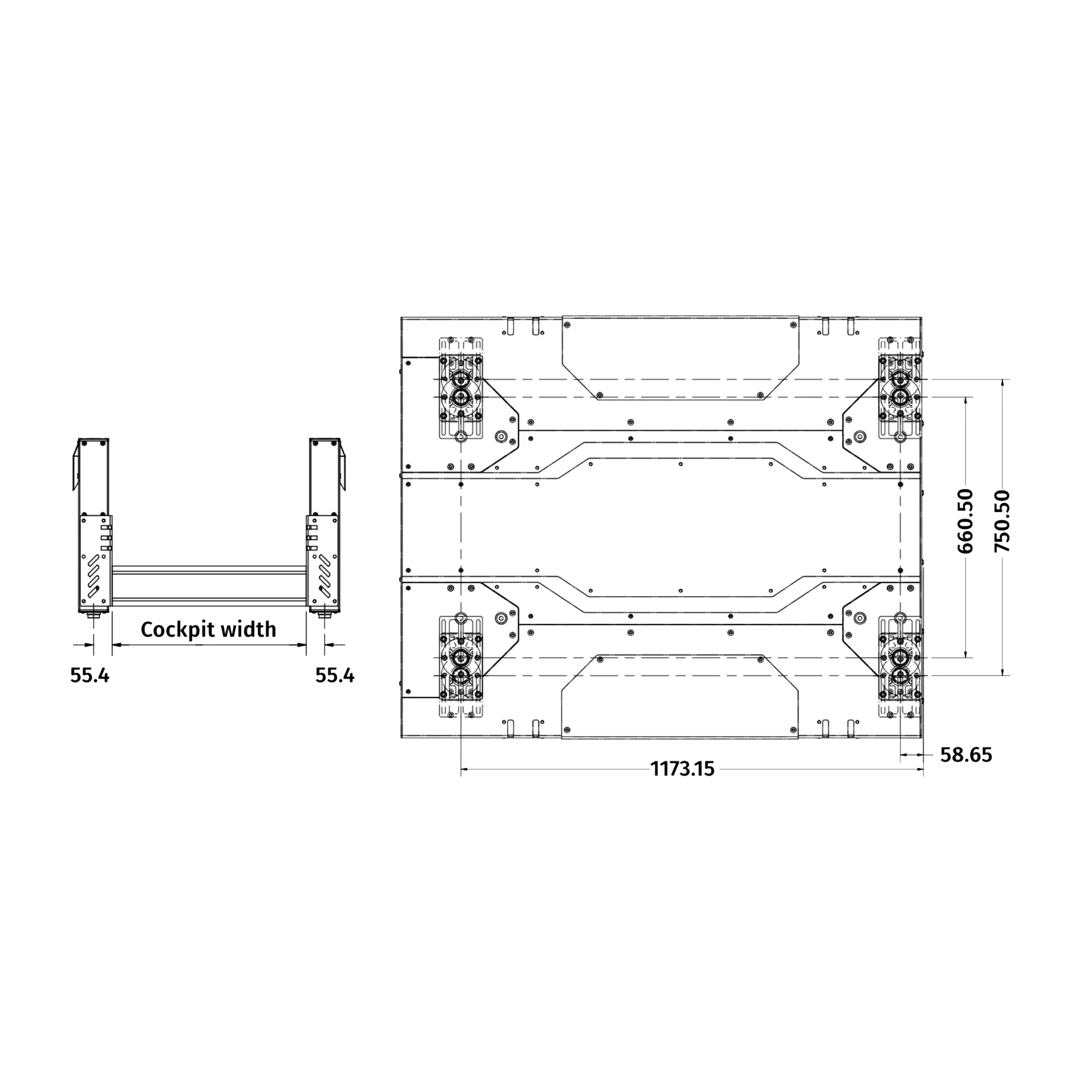 Technical diagram of Qubic System QS-CH2 2DOF motion platform showing dimensions for motion simulation applications.