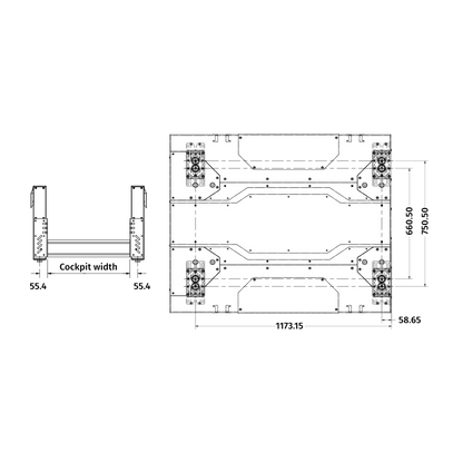 Technical diagram of Qubic System QS-CH2 2DOF motion platform showing dimensions for motion simulation applications.