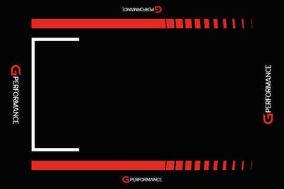 GPerformance SimRacing Carpet with non-slip, sound-absorbing surface, black with red accents, and multiple GPerformance logos.