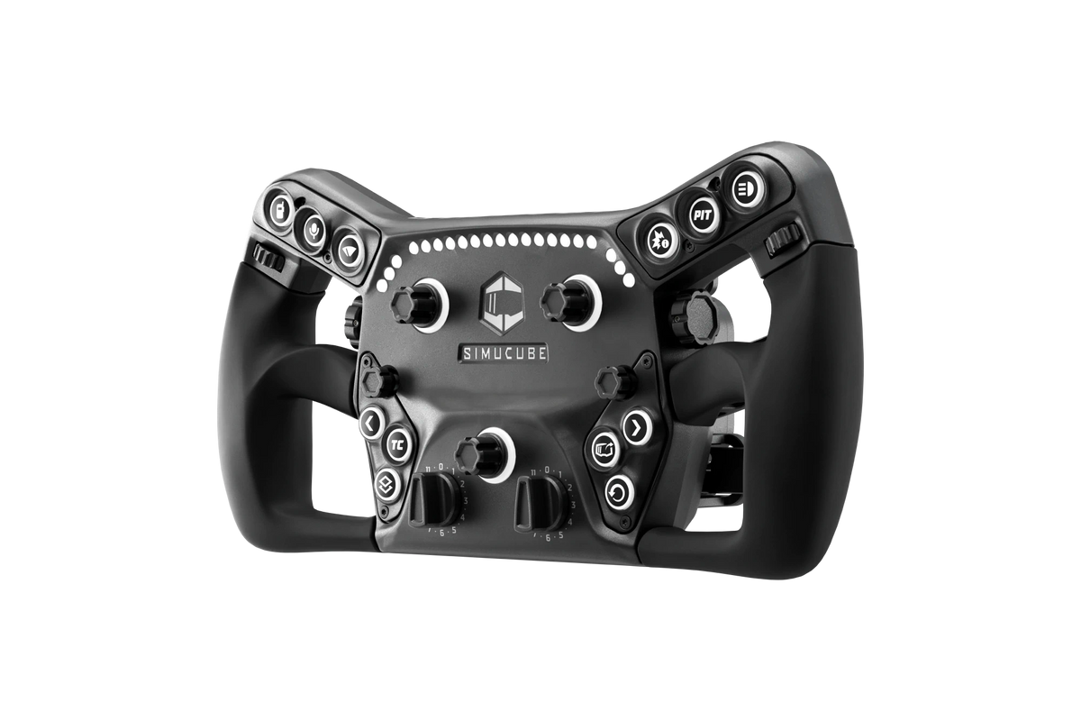 Volant de course Simucube Savu Pro GT style avec châssis en métal et boutons RGB, équipé de palettes silencieuses et d'une bande LED de télémétrie.