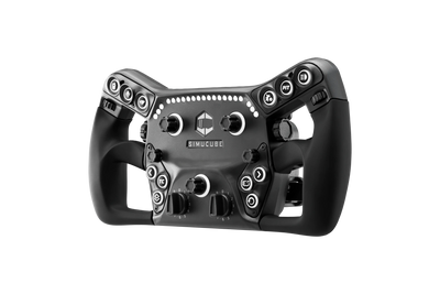 Simucube Savu Pro GT stijl racestuur met metalen frame en RGB-knoppen, voorzien van stille schakelflippers en telemetry LED-strip.