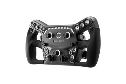 Simucube Savu Pro GT style racing wheel with metal frame and RGB buttons, featuring quiet paddles and telemetry LED strip.