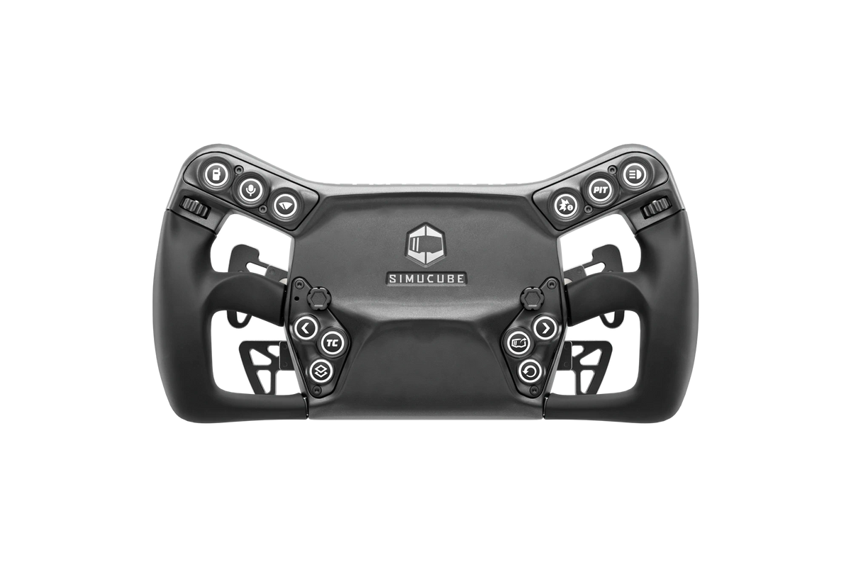 Simucube racing wheel controller with multiple buttons for immersive driving simulation experience.