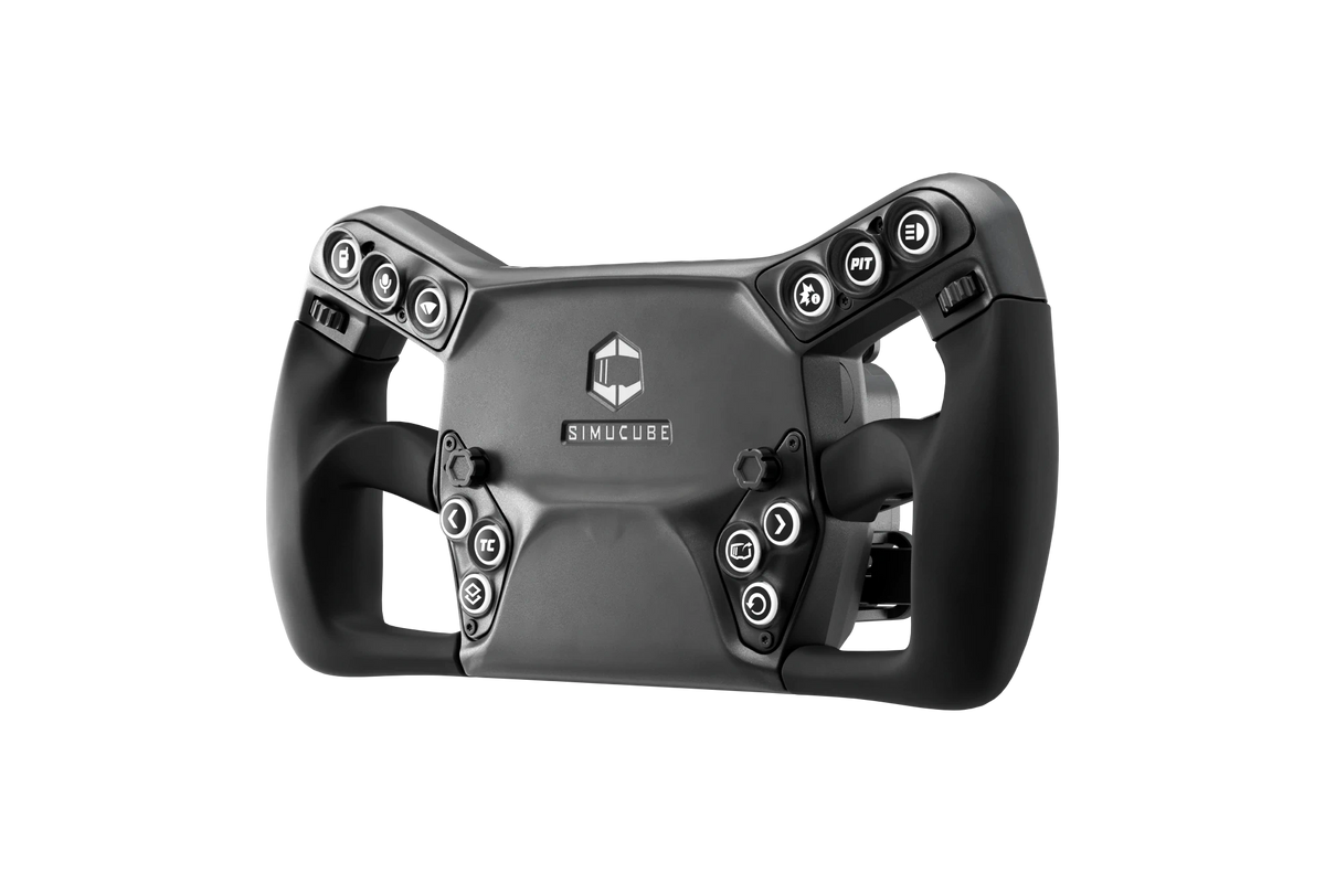 Simucube Savu Sport GT-stijl stuur met volledig metalen frame, uitgerust met RGB-verlichte knoppen en quick release voor serieuze simracers.