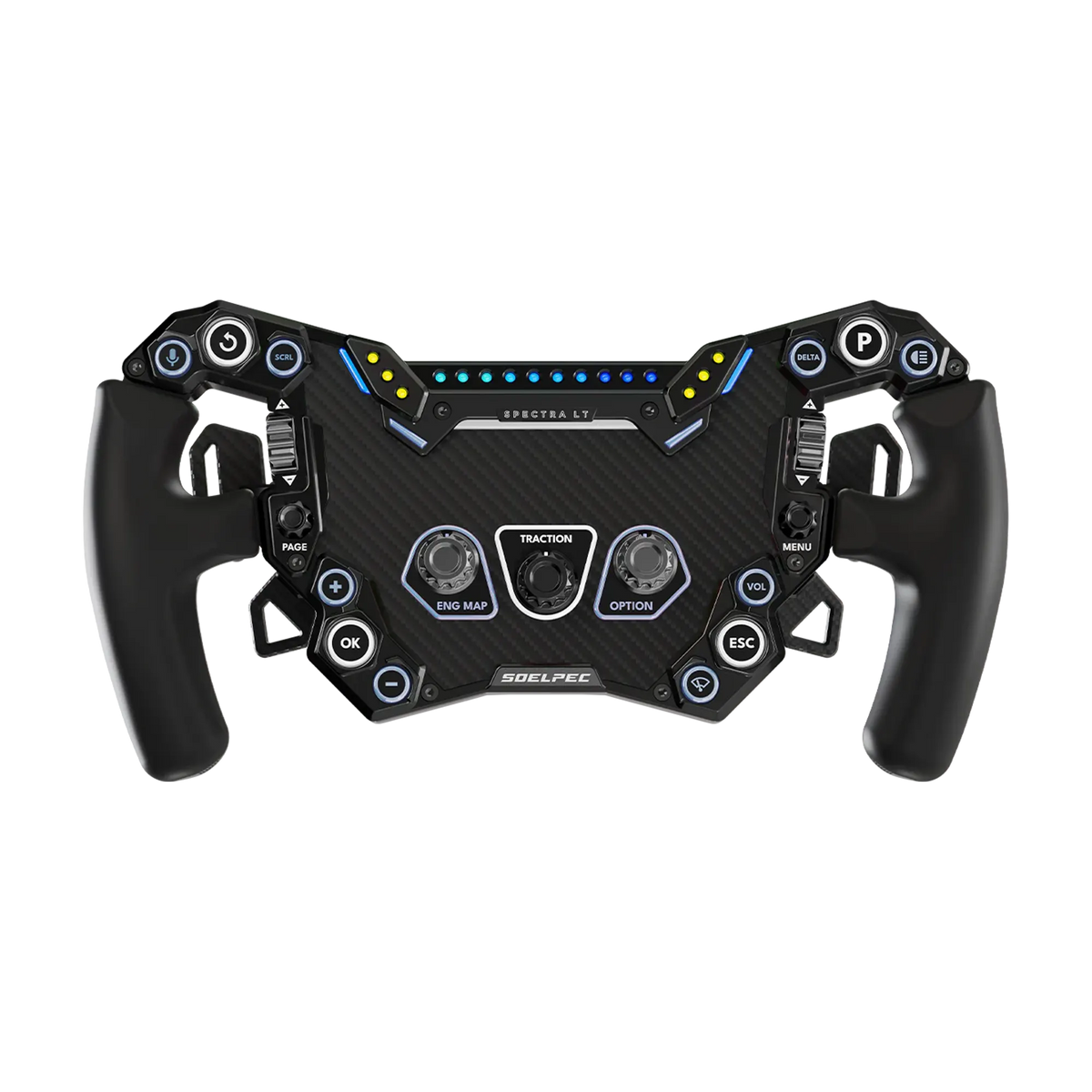 Alt Tag: Volante estilo fórmula SOELPEC Spectra LT de 302 mm para sim racing con centro de fibra de carbono, levas magnéticas, doble embrague