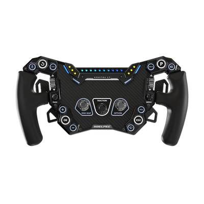 Alt Tag: SOELPEC Spectra LT 302mm formula-style sim racing steering wheel with carbon fiber center, magnetic shifters, dual clutches