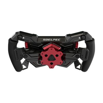 Alt Tag: SOELPEC Spectra LT 302 mm formula-style sim racing steering wheel with magnetic shifters, dual clutches, 17 buttons