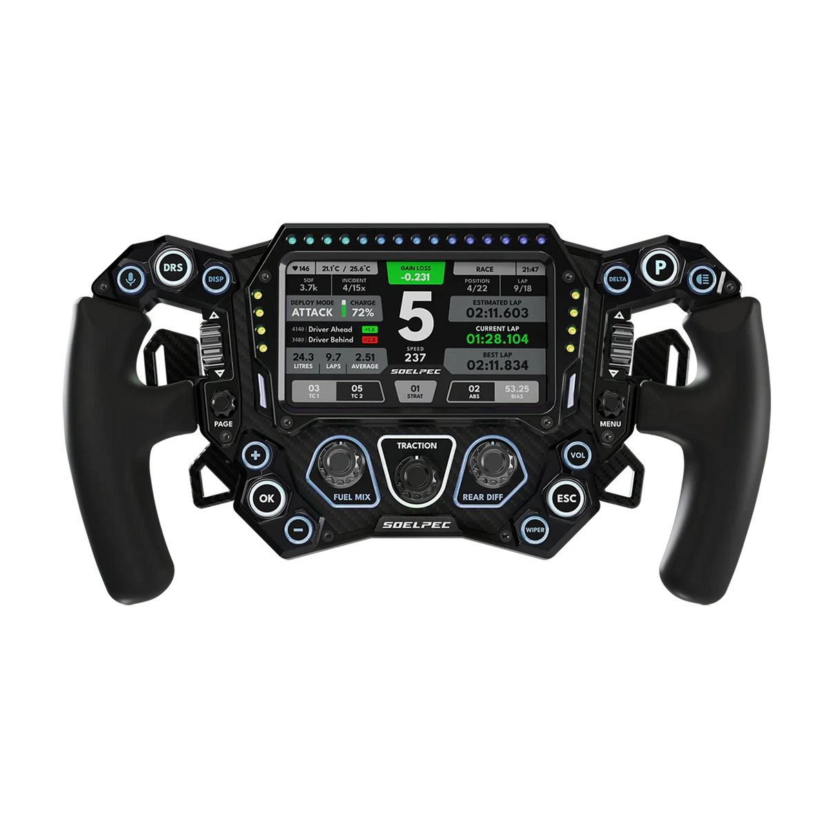 SOELPEC Spectra XR sim racing volant s 5palcovým dotykovým displejem, telemetrickými LEDkami, 17 tlačítky a karbon-hliníkovou konstrukcí