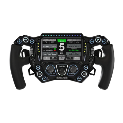 SOELPEC Spectra XR sim racing steering wheel with 5-inch touchscreen display, telemetry LEDs, 17 buttons and carbon-aluminum construction
