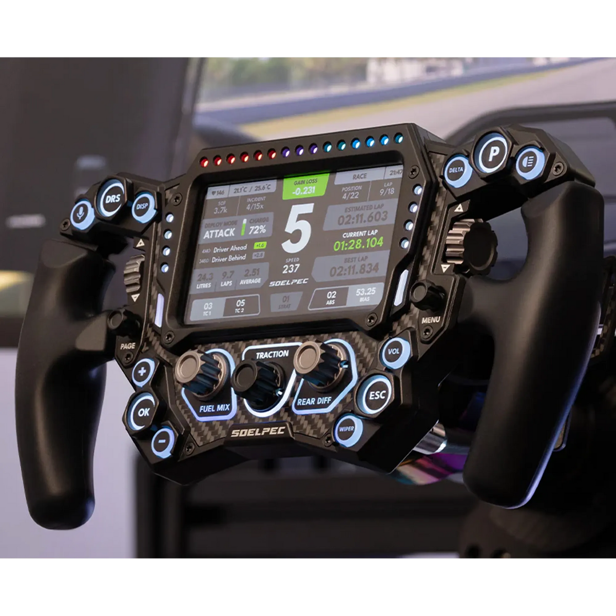 SOELPEC Spectra XR 302mm sim racing volant s 5palcovým dotykovým displejem, telemetrickými LEDkami a čelní deskou z karbonu