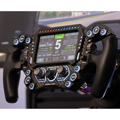SOELPEC Spectra XR 302mm sim racing steering wheel with 5-inch touchscreen display, LED telemetry lights and carbon fiber faceplate