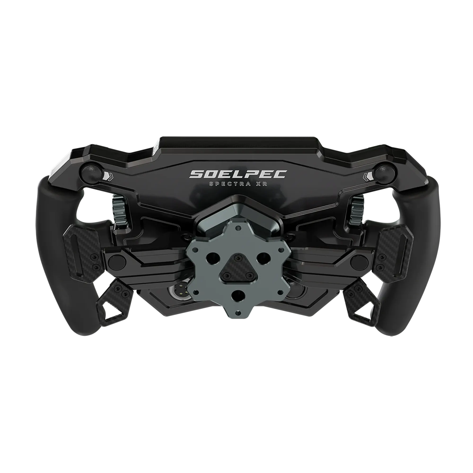 Alt Tag: SOELPEC Spectra XR 302mm formula steering wheel with integrated display housing, buttons, switches and metal quick-release mount
