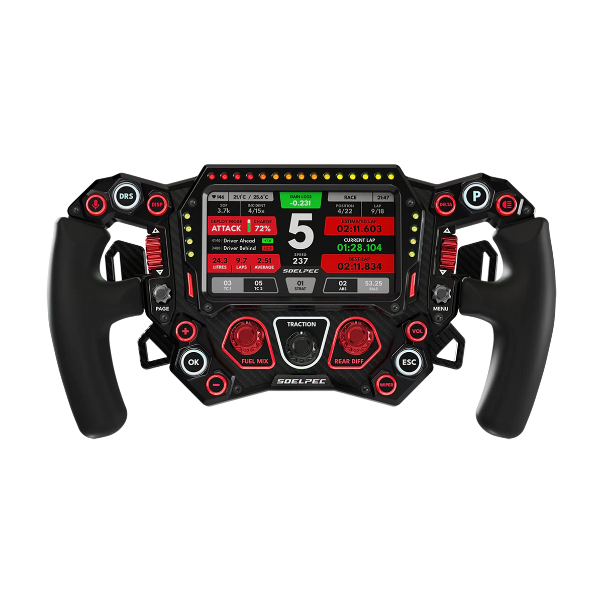 Alt Tag: SOELPEC Spectra XR 302mm formule sim racing volant s 5palcovým dotykovým displejem, LEDkami, 17 tlačítky a rotačními enkodéry