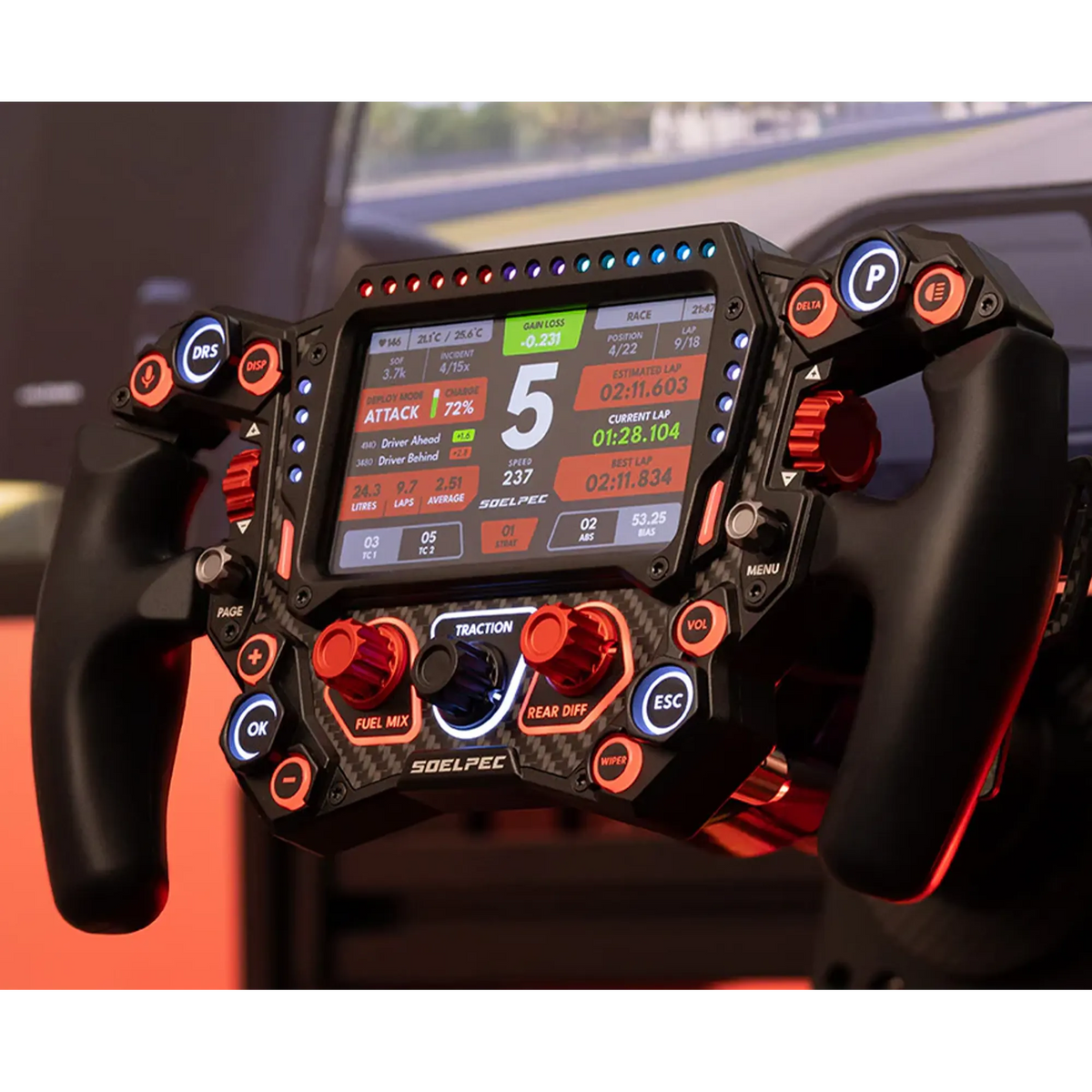 Alt Tag: SOELPEC Spectra XR 302mm sim racing volant s 5palcovým dotykovým displejem, tlačítky, přepínači, enkodéry a telemetrickými LEDkami