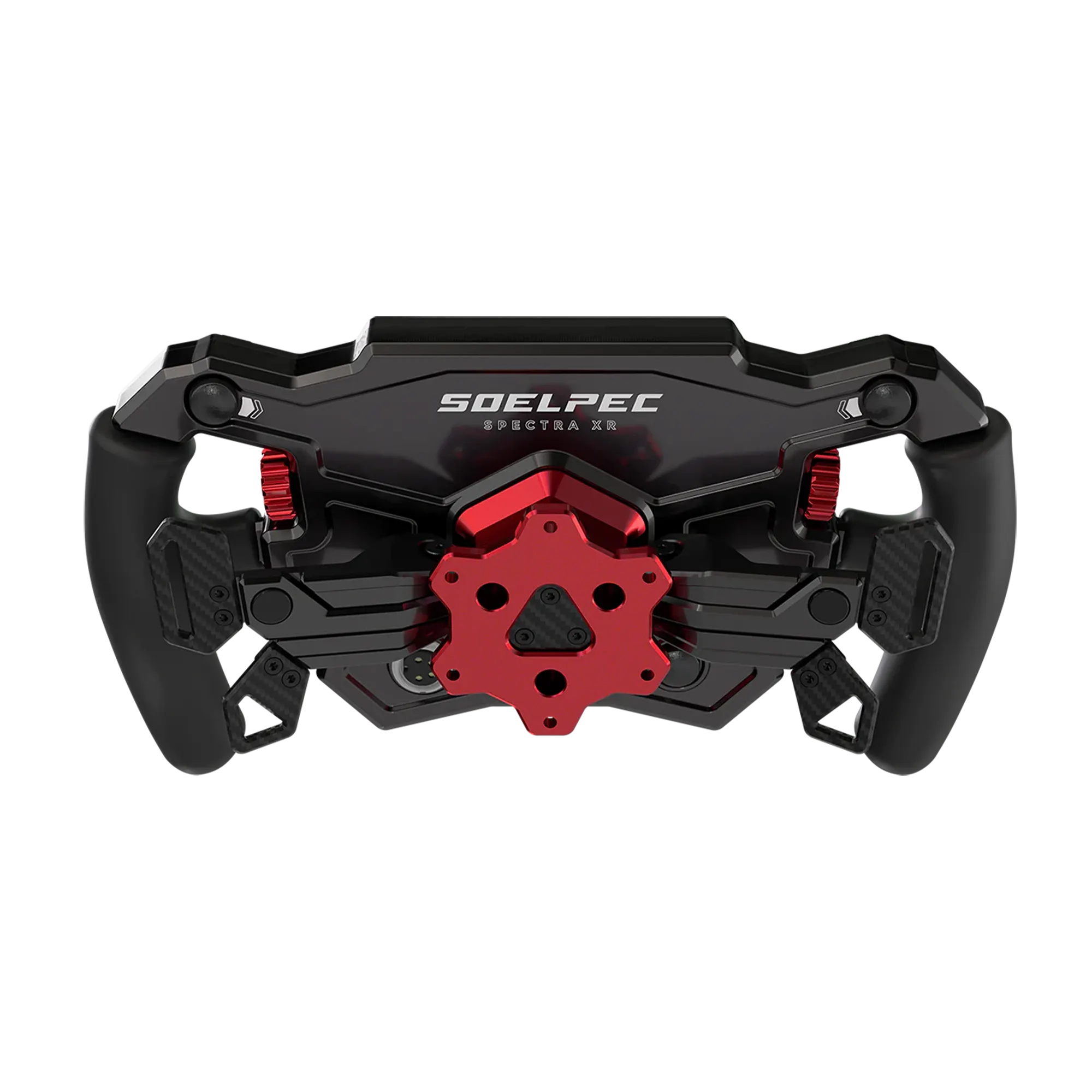 Alt Tag: SOELPEC Spectra XR 302mm formula-style sim racing steering wheel with 5-inch touchscreen display, carbon and anodized aluminum build