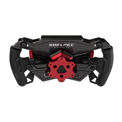 Alt Tag: SOELPEC Spectra XR 302mm formula-style sim racing steering wheel with 5-inch touchscreen display, carbon and anodized aluminum build