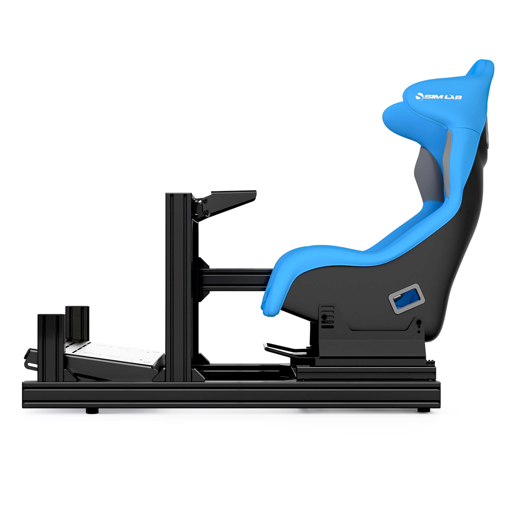 Sim-Lab GT1 Evo szimulátorcockpit kék üléssel, masszív pedállemezzel és oldalsó kiegészítő tartóval, ideális teljesítményre törekvő kezdőknek.
