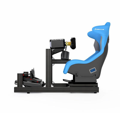 Sim-Lab GT1 Evo racing simulator with blue seat, adjustable pedal tray, and rigid structure for beginners and direct drive upgrades.