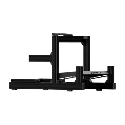 Sim-Lab GT1 Evo racing cockpit featuring a rigid structure with adjustable pedal tray and side mounts for accessories.