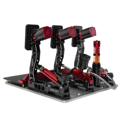 Simagic Haptic Bracket for P2000 mounted on pedal set showcasing immersive racing feedback system.