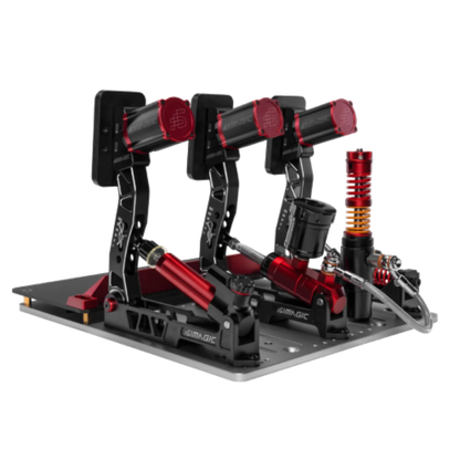 Simagic Haptic Bracket for P2000 mounted on pedal set showcasing immersive racing feedback system.