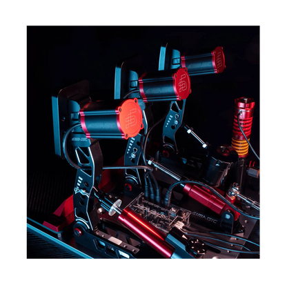 Simagic Haptic Bracket for P2000 with mounted haptic modules on racing pedal set, showcasing immersive feedback system.