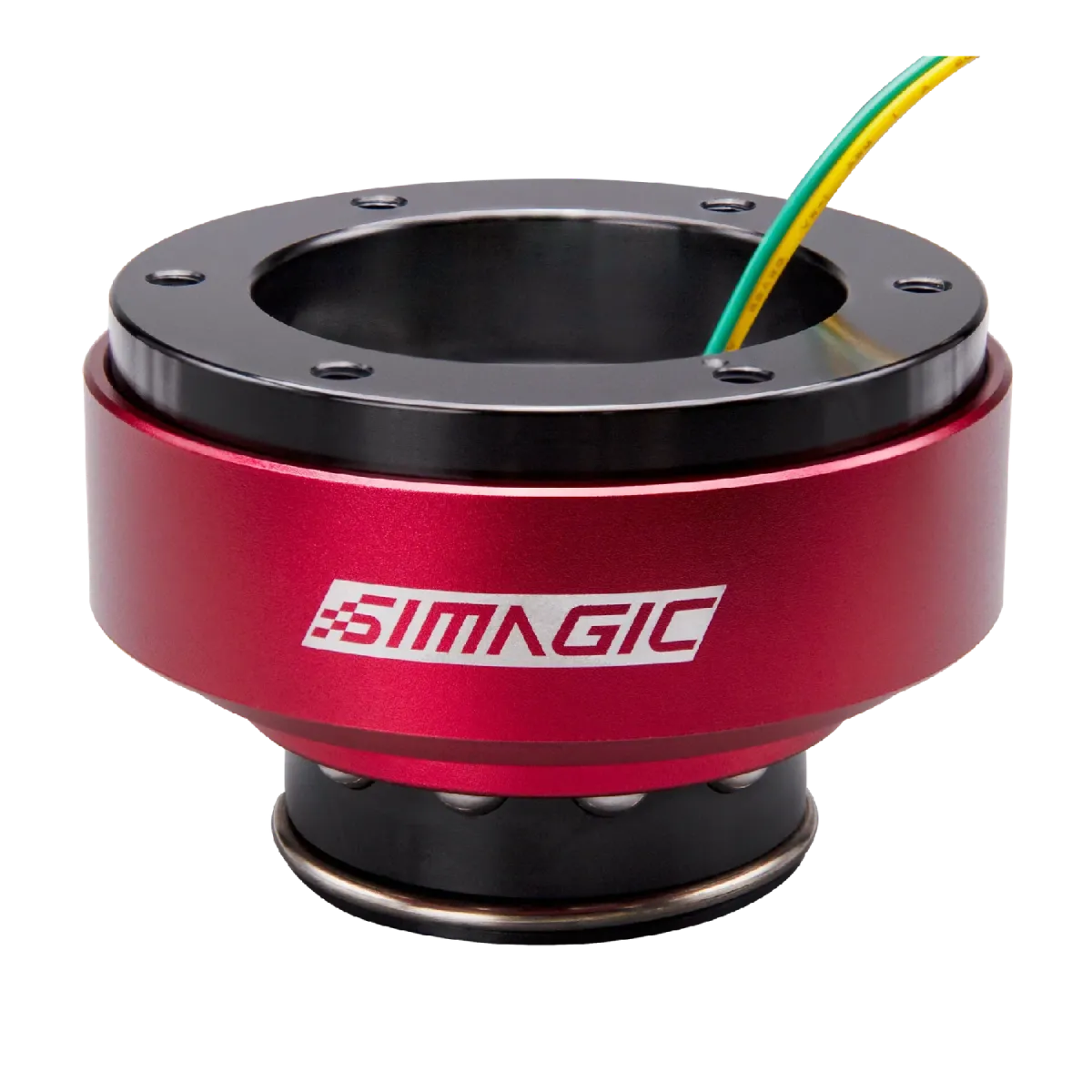 Simagic Quick Release QR 50mm/QR 70mm adapter for sim racing wheels, showcasing aluminum construction and easy tool-free setup.