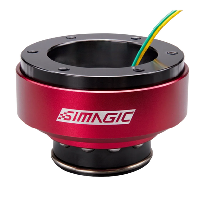 Simagic Quick Release QR 50mm/QR 70mm adapter for sim racing wheels, showcasing aluminum construction and easy tool-free setup.