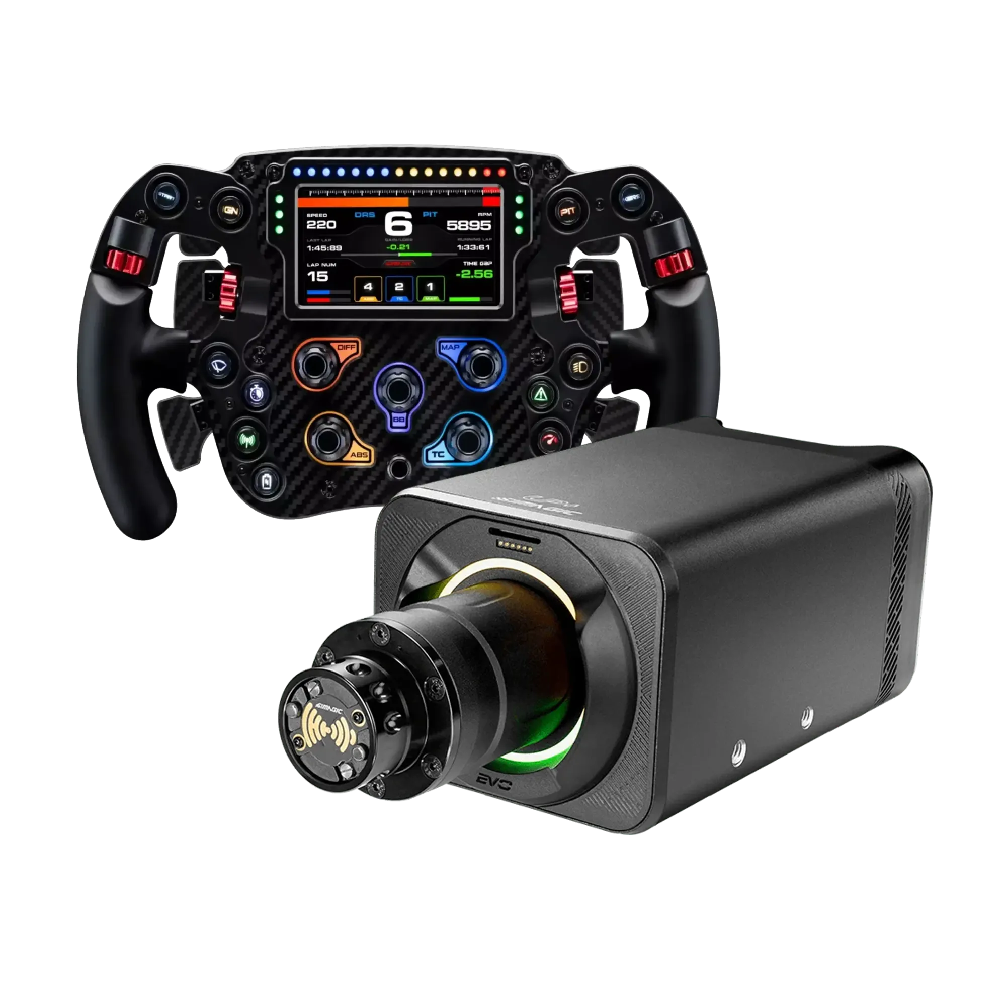 Simagic Alpha EVO Pro + Simagic FX Pro alapgép és kormány szett kijelzővel és dupla kuplungos váltófülekkel szimulátoros versenyzéshez.