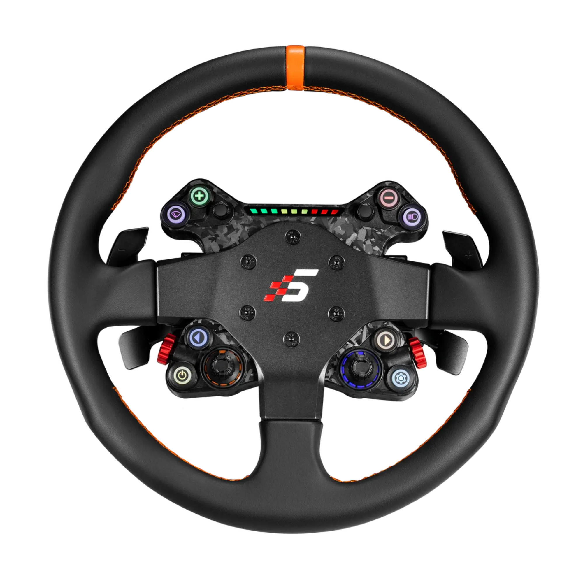 Volante Simagic Neo X–330T con cuciture arancioni, comandi personalizzabili e pulsanti retroilluminati per un'esperienza di sim racing versatile.