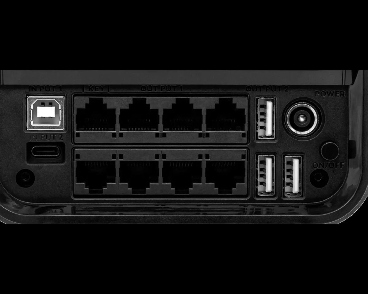 Simagic Alpha EVO rear panel - eight RJ45 and three USB-A output ports for Simagic pedals, shifter and handbrake