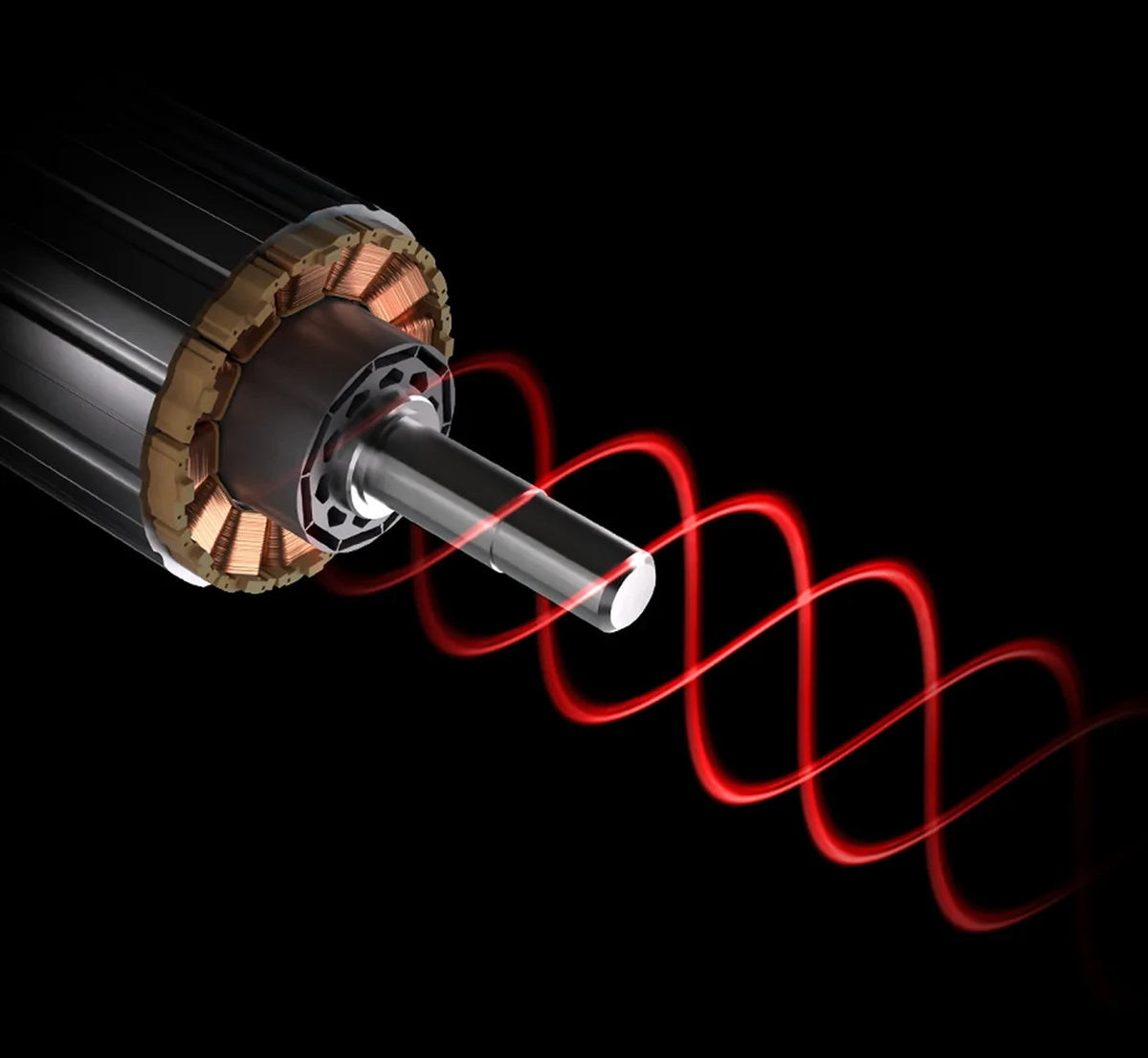 Illustration of an electric motor rotor emitting red waveforms, symbolizing energy transfer and efficiency.