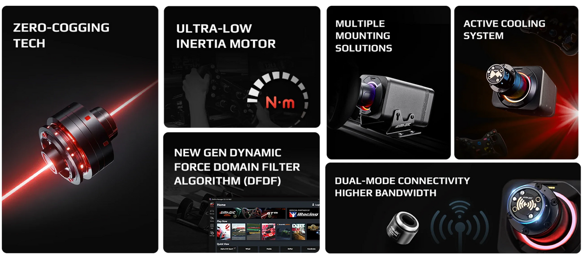 Gaming equipment features zero-cogging tech, ultra-low inertia motor, active cooling, and dual-mode connectivity for enhanced performance.