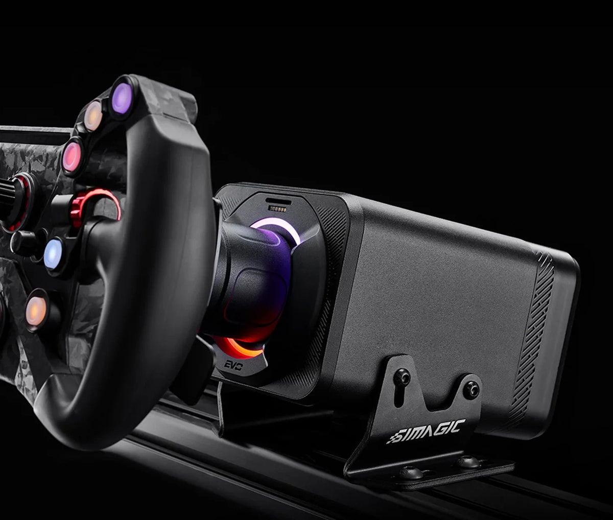 Sim racing steering wheel with advanced controls and mount, ideal for immersive gaming experiences.