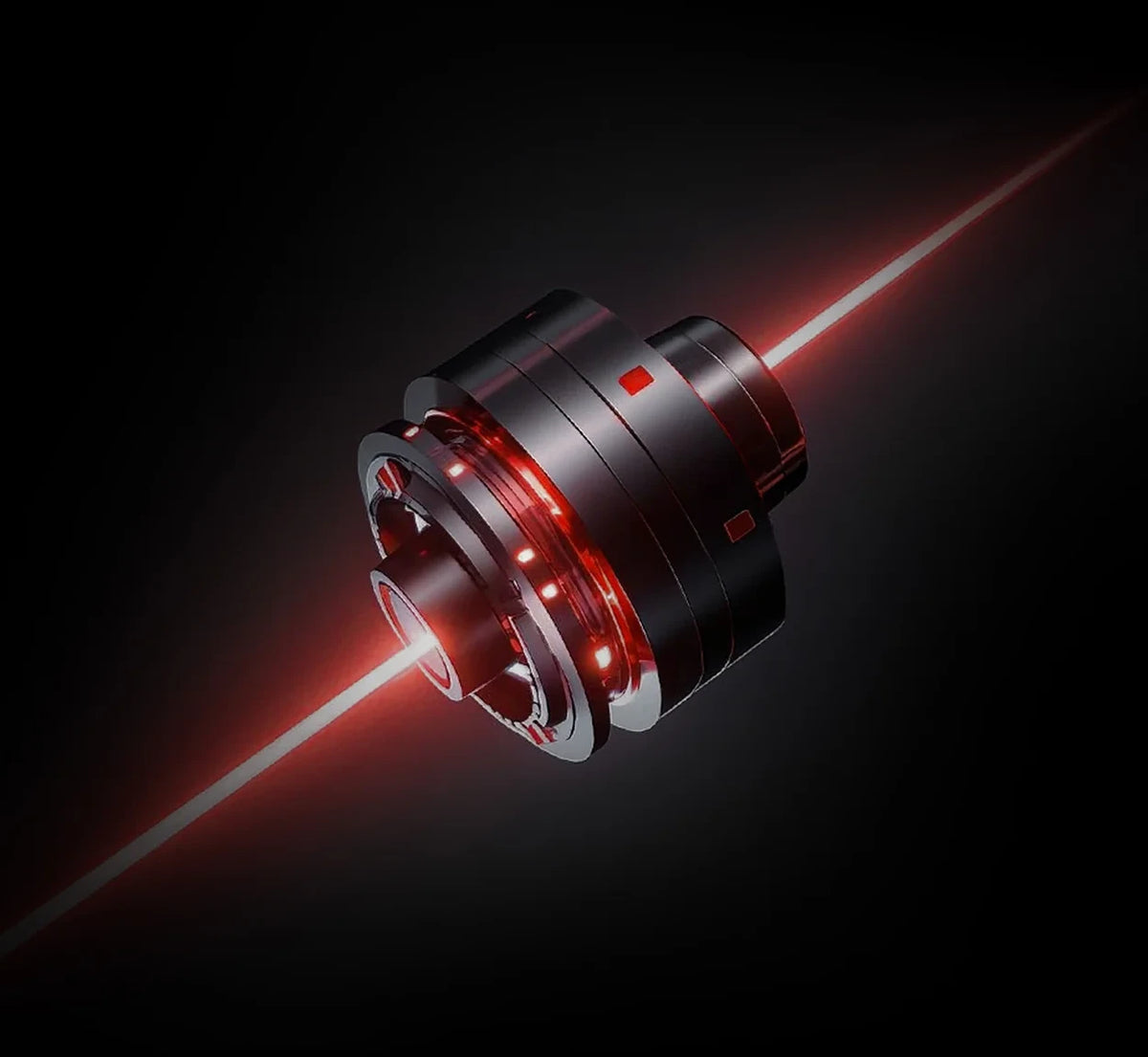 High-tech mechanical component emitting red laser beam on a black background.