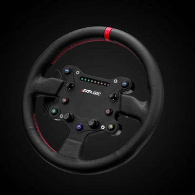 Simagic GTS Lederlenkrad mit individuell anpassbaren RGB-Tasten und rutschfesten Griffen, ideal für Racing. Leichtes Magnesium-Aluminium-Design.