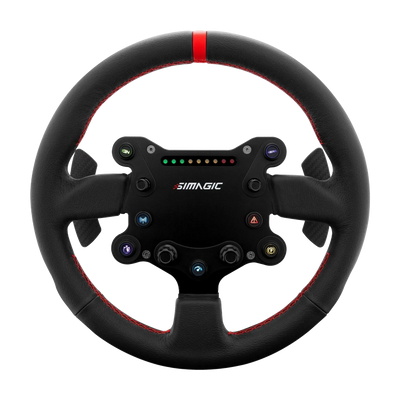 Simagic GTS Lederlenkrad mit 7 individuell einstellbaren RGB-Tasten, 300 mm Durchmesser, leichtem Design und rutschfesten Ledergriffen.