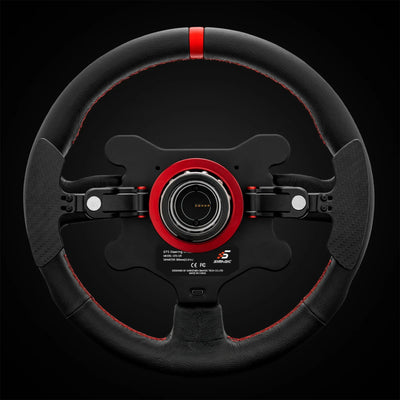 Simagic GTS Lederlenkrad mit individuell einstellbaren RGB-Tasten, leichtem Magnesium-Aluminium-Gehäuse und rutschfesten Ledergriffen.