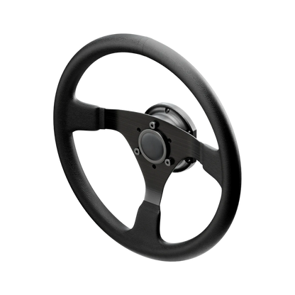 Steering wheel attached to Simucube 50.8 mm to 70 mm Adapter showcasing quick release capability and wireless data support.