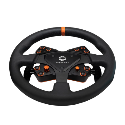 Simucube Tahko Round Black Edition steering wheel with premium leather grip and intuitively placed buttons for rally and drifting.
