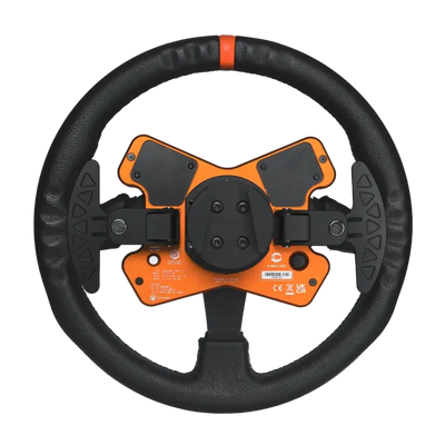 Simucube Tahko Round Black Edition steering wheel with premium leather grip and magnetic shifters, ideal for rally and drifting.