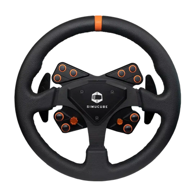 Simucube Tahko Round Black Edition steering wheel for sim racing, featuring premium leather grip, intuitive buttons, and quiet shifters.