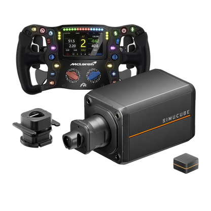 Simucube 3 Pro + Ascher Racing McLaren Artura Ultimate USB and accessories displayed.