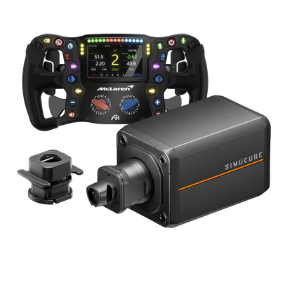 Simucube 3 Pro + Ascher Racing McLaren Artura Ultimate USB sim racing bundle with wheel and quick release adapter.