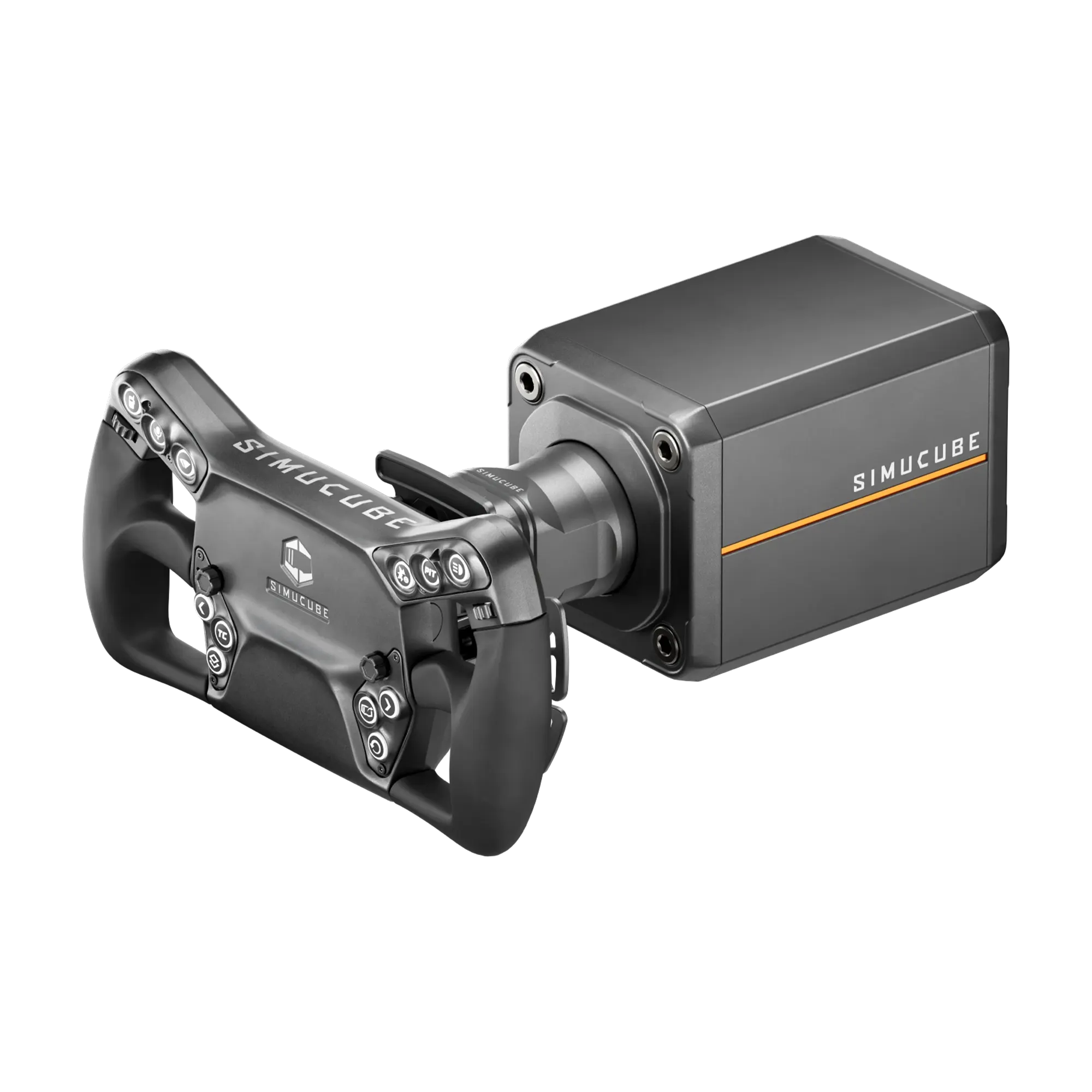 Simucube 3 Sport + Simucube Savu Sport wheelbase and steering wheel, featuring ergonomic design and 12 RGB backlit buttons