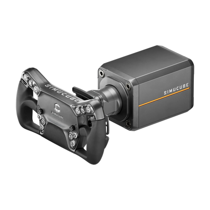 Simucube 3 Sport + Simucube Savu Sport wheelbase and steering wheel, featuring ergonomic design and 12 RGB backlit buttons